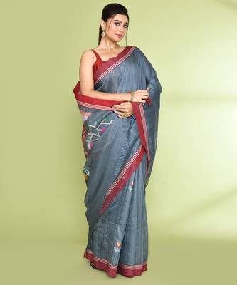 women's blue grey embellished matka silk blend jamdani saree 3