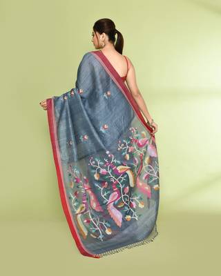 women's blue grey embellished matka silk blend jamdani saree 4