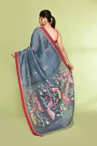 women's blue grey embellished matka silk blend jamdani saree