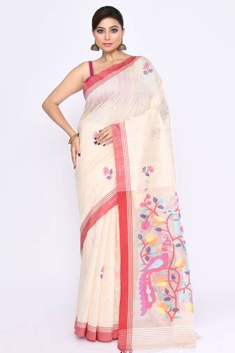 women's off white embellished matka silk blend jamdani saree