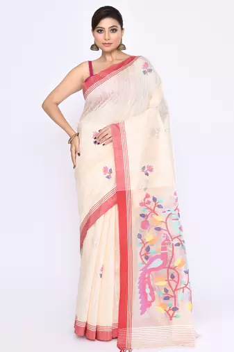 women's off white embellished matka silk blend jamdani saree