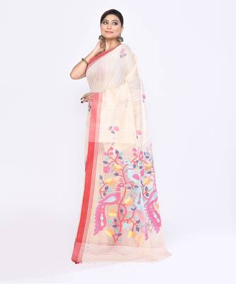 women's off white embellished matka silk blend jamdani saree 2