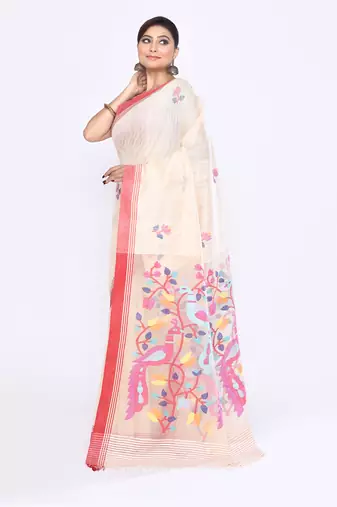 women's off white embellished matka silk blend jamdani saree
