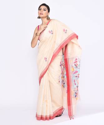 women's off white embellished matka silk blend jamdani saree 3