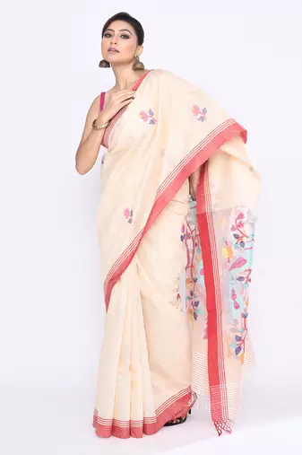 women's off white embellished matka silk blend jamdani saree