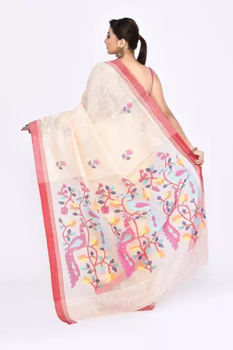 women's off white embellished matka silk blend jamdani saree