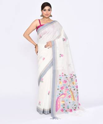 women's off white embellished matka silk blend jamdani saree 1