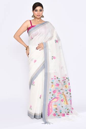 women's off white embellished matka silk blend jamdani saree