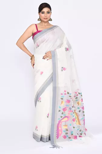 women's off white embellished matka silk blend jamdani saree