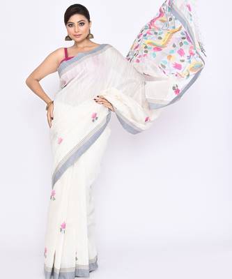 women's off white embellished matka silk blend jamdani saree 3