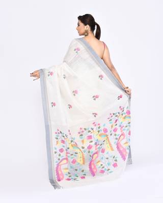 women's off white embellished matka silk blend jamdani saree 4