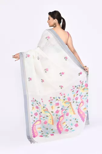 women's off white embellished matka silk blend jamdani saree