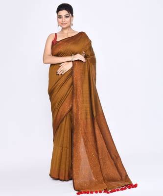 Women's bronze embellished sequinned cotton saree 1