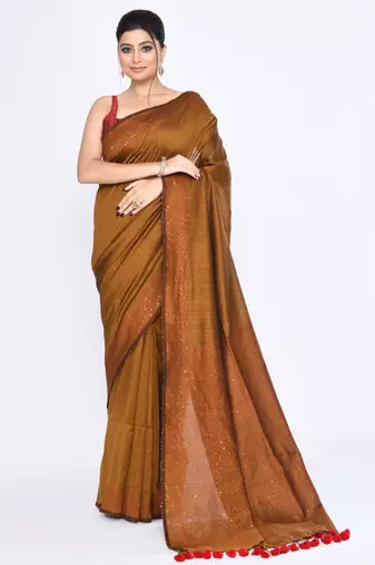 Women's bronze embellished sequinned cotton saree