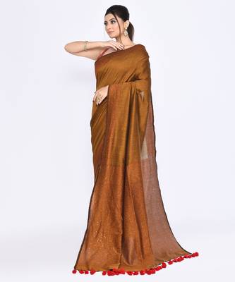 Women's bronze embellished sequinned cotton saree 2
