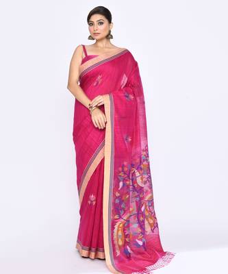women's rani pink embellished matka silk blend jamdani saree 1