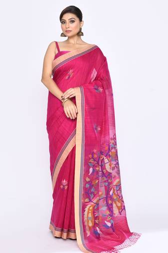 women's rani pink embellished matka silk blend jamdani saree