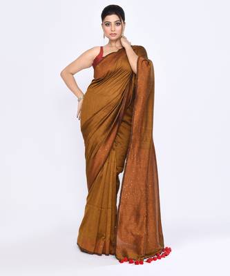 Women's bronze embellished sequinned cotton saree 3
