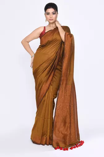 Women's bronze embellished sequinned cotton saree