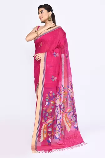 women's rani pink embellished matka silk blend jamdani saree