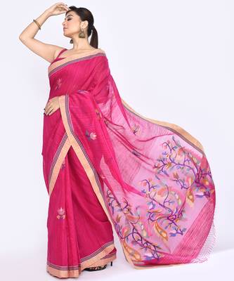 women's rani pink embellished matka silk blend jamdani saree 3