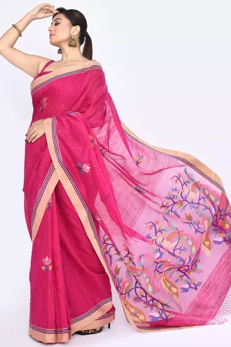 women's rani pink embellished matka silk blend jamdani saree
