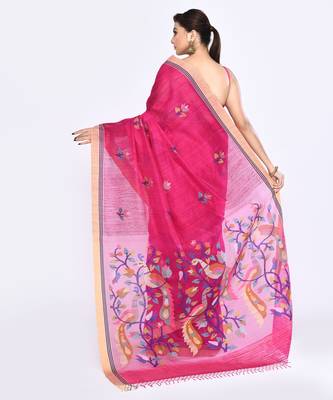 women's rani pink embellished matka silk blend jamdani saree 4