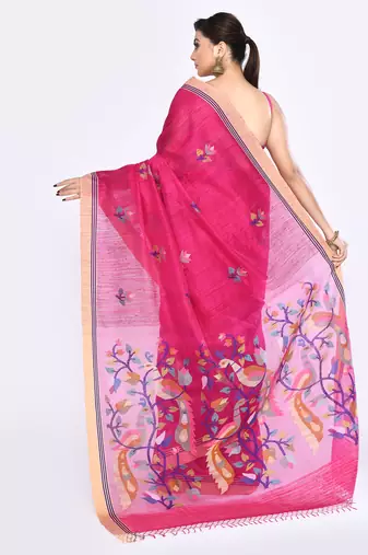 women's rani pink embellished matka silk blend jamdani saree
