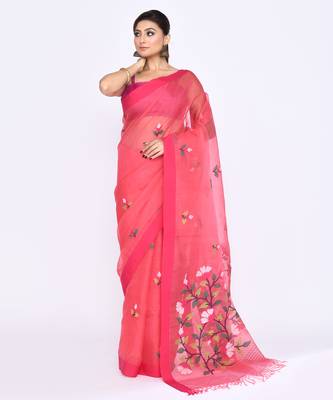 women's pink embellished silk blend jamdani saree 1