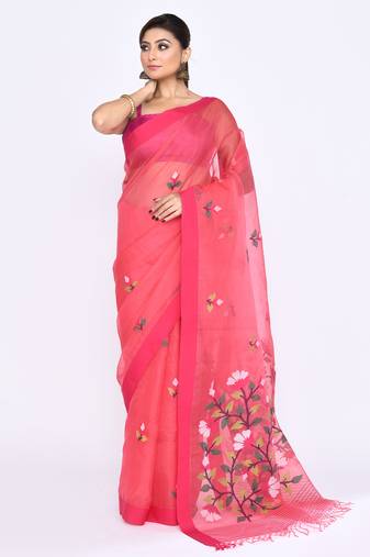 women's pink embellished silk blend jamdani saree