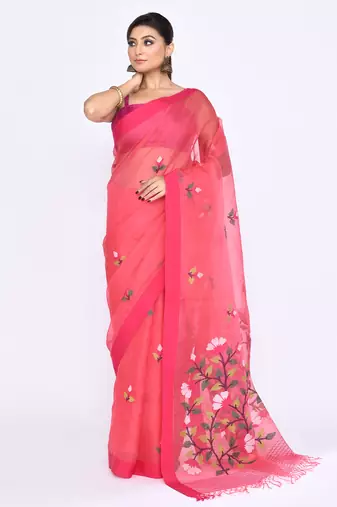 women's pink embellished silk blend jamdani saree