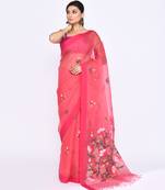 women's pink embellished silk blend jamdani saree
