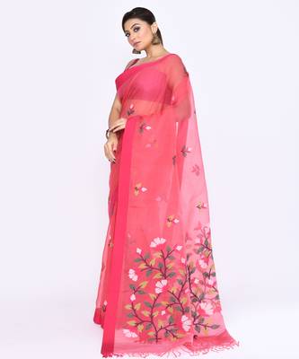 women's pink embellished silk blend jamdani saree 2