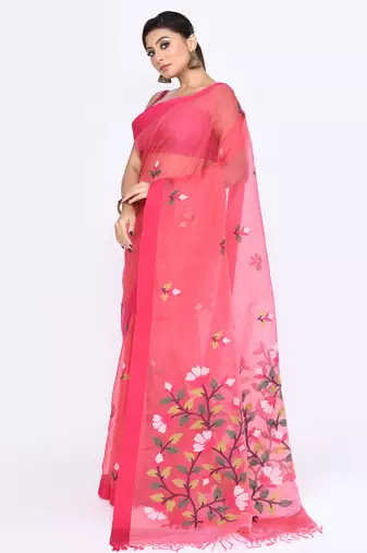 women's pink embellished silk blend jamdani saree