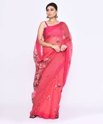 women's pink embellished silk blend jamdani saree 3