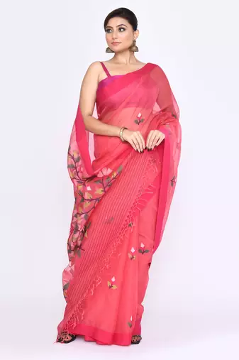 women's pink embellished silk blend jamdani saree