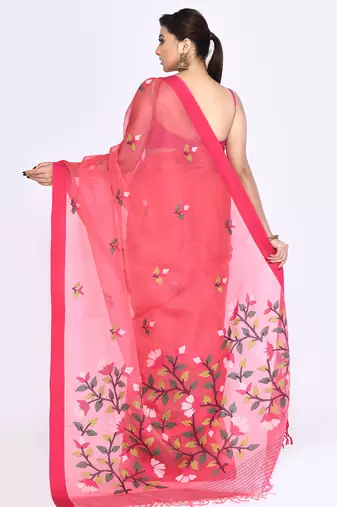 women's pink embellished silk blend jamdani saree