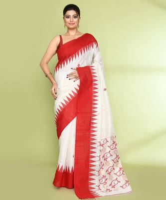 women's off white embellished matka silk blend jamdani saree 1