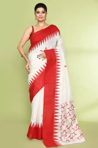 women's off white embellished matka silk blend jamdani saree