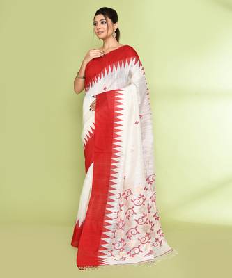 women's off white embellished matka silk blend jamdani saree 2