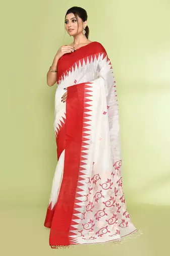 women's off white embellished matka silk blend jamdani saree