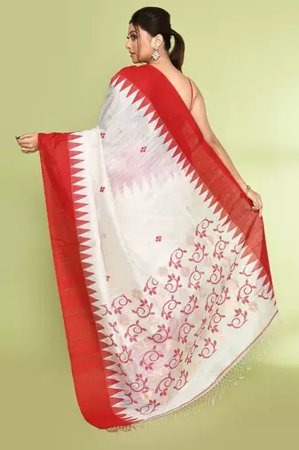 women's off white embellished matka silk blend jamdani saree