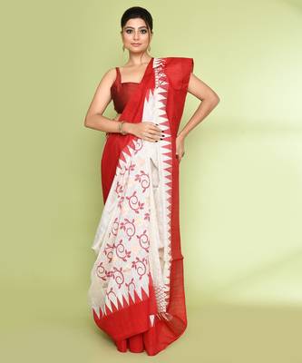 women's off white embellished matka silk blend jamdani saree 4