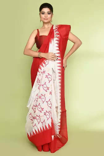 women's off white embellished matka silk blend jamdani saree