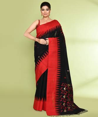 women's black embellished matka silk blend jamdani saree 1