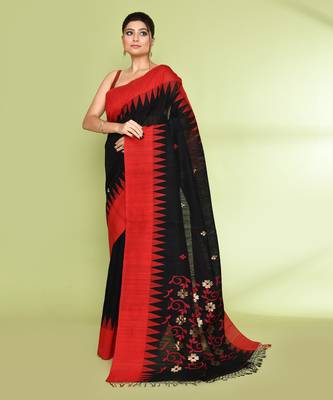 women's black embellished matka silk blend jamdani saree 2
