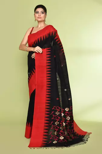 women's black embellished matka silk blend jamdani saree