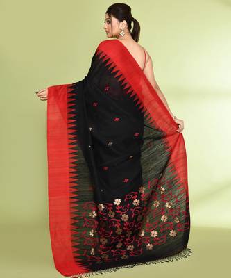 women's black embellished matka silk blend jamdani saree 3
