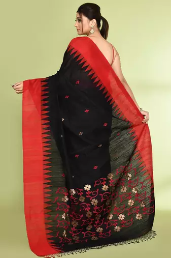 women's black embellished matka silk blend jamdani saree