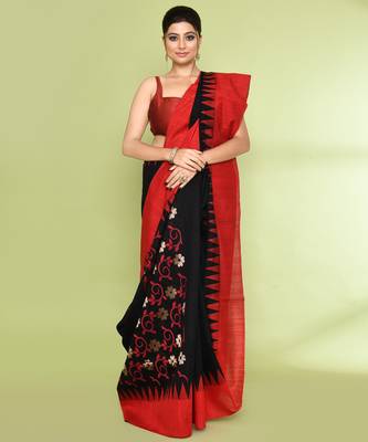 women's black embellished matka silk blend jamdani saree 4